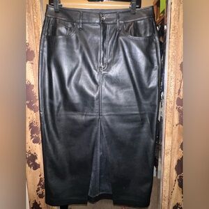 Express Black Faux-Leather Midi Skirt with Front Split